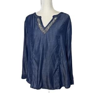 Chico's Size 3 XL Embellished Beaded Denim Tunic Top Shirt Blue Tencel Chambray
